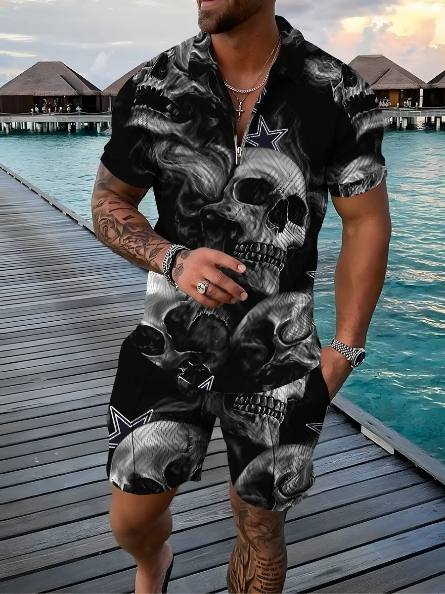 

2022 Summer Trend Men's Suit Casual Beach Shorts Suit Hawaii 3D Printing Short Suit Zipper T-Shirt 2 Piece Set