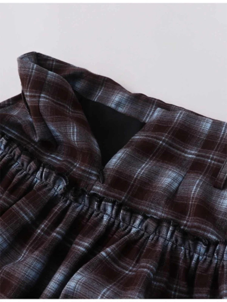 秋冬女性ダークアカデミアチェック柄ミディスカート原宿弾性ウエストスカート 2000 年代美的日本 Y2k 韓国ファッション新