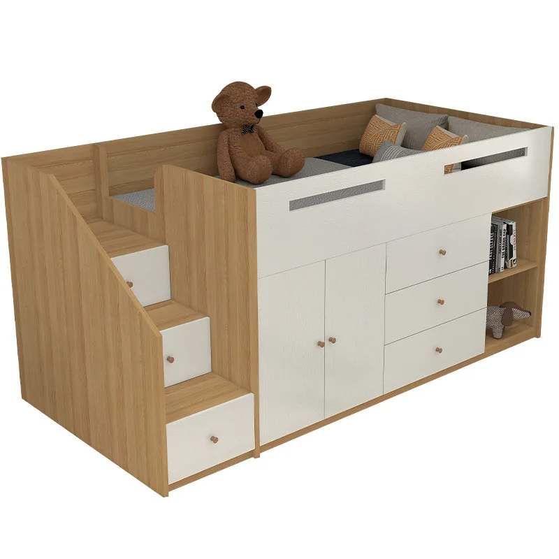 Solid wood half-height bed secret base children's bed with guardrail small apartment multi-functional bed cabinet