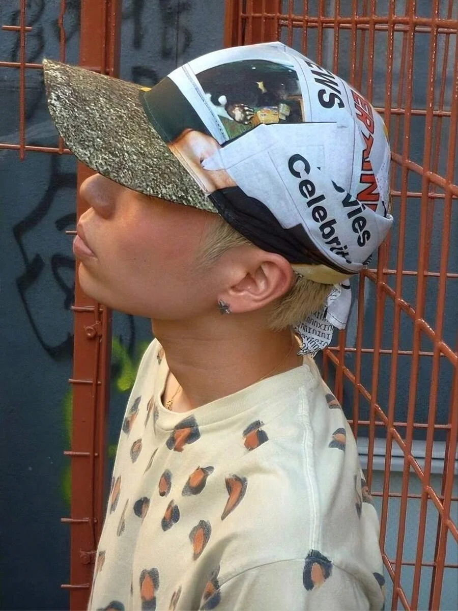 Y2K Streetwear News Vintage Camouflage Print Hat with Brim  Durag Headscarf Sun Hat