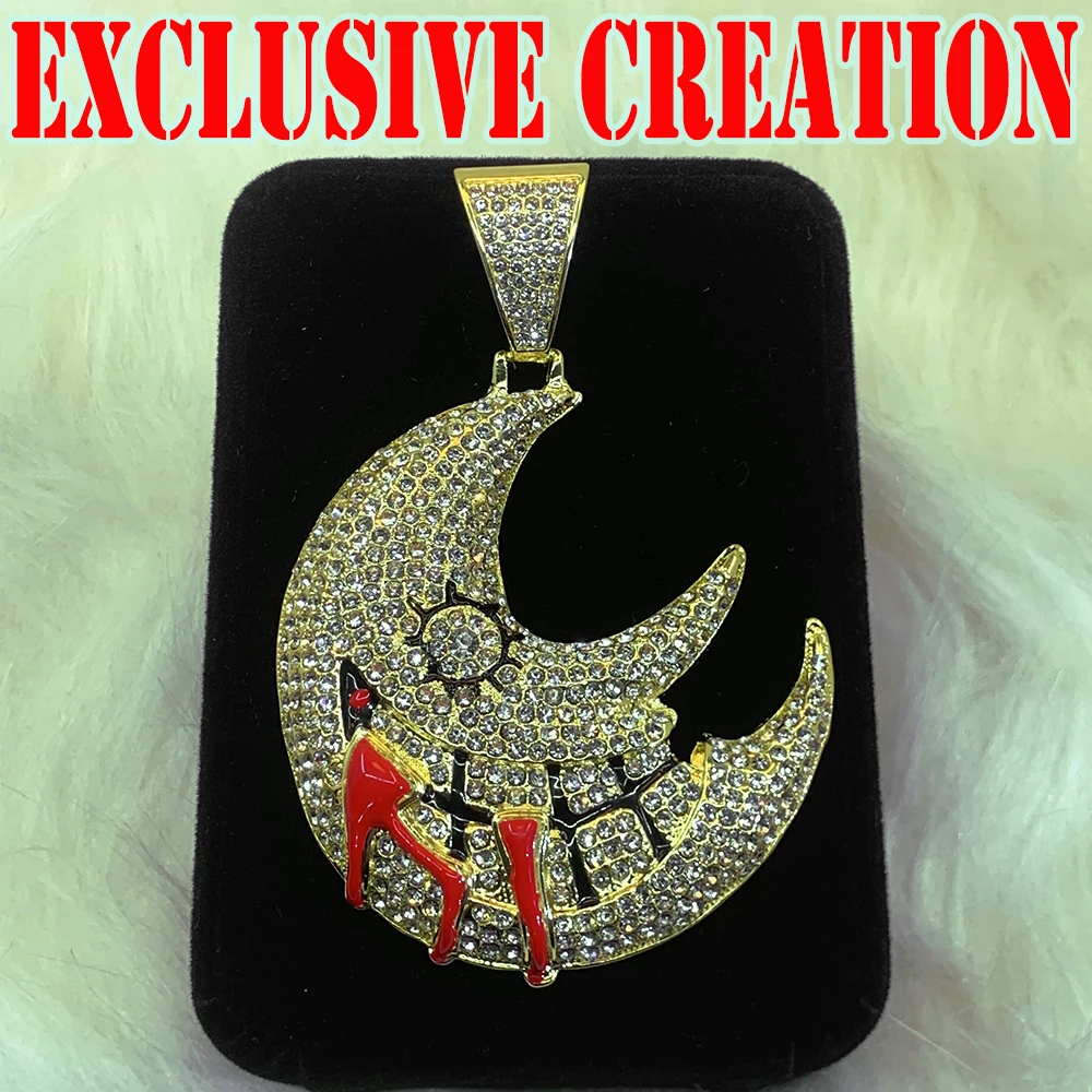 New Cuban necklace paired with graffiti moon pendant, handcrafted diamond inlay, luxurious gold-plated, hip-hop rap decoration