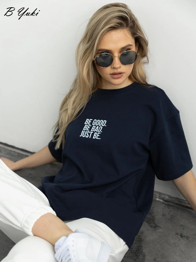 Blessyuki Summer Casual High Street T Shirts Women 2023 Loose Cotton Letter Printed Tees Oversized Soft Short Sleeve Female Tops