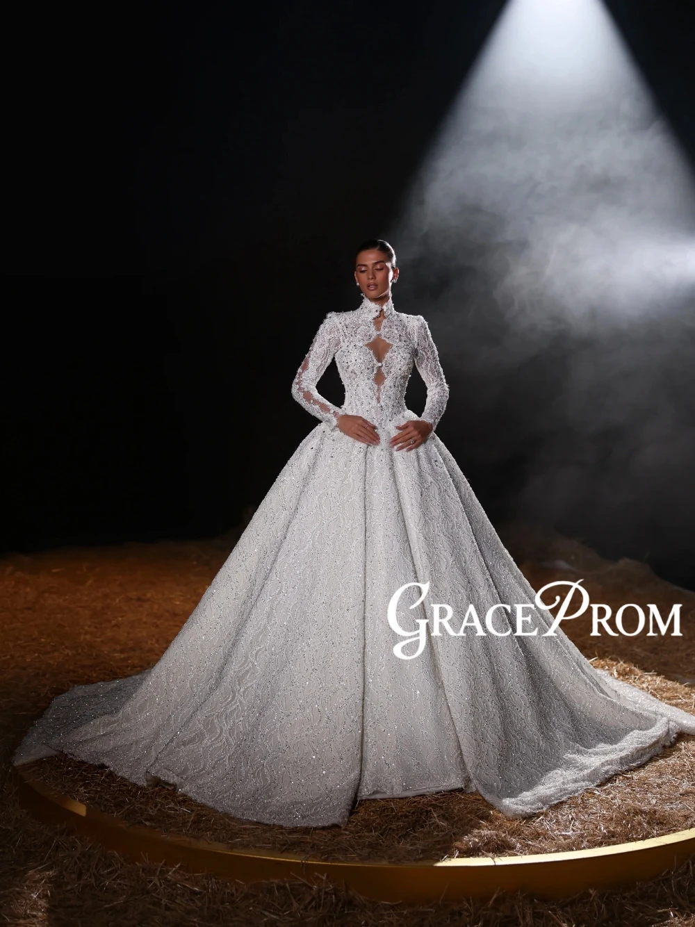 Unique High Neck Lace Wedding Dress With Sheer Cutout & Heavy Beading Long Sleeved Ball Gown Glitter Bridal For Elegant Brides