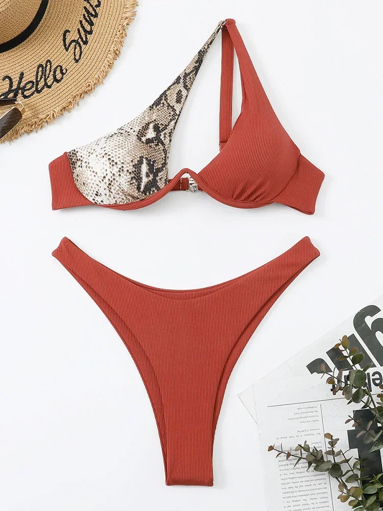 AOTVOTEE Sexy Leopard One Shoulder Bikini 2-teiliges Set für Frauen Split Badeanzug Strand Bikini 2025 Neue Sommer Bademode Bikini Set