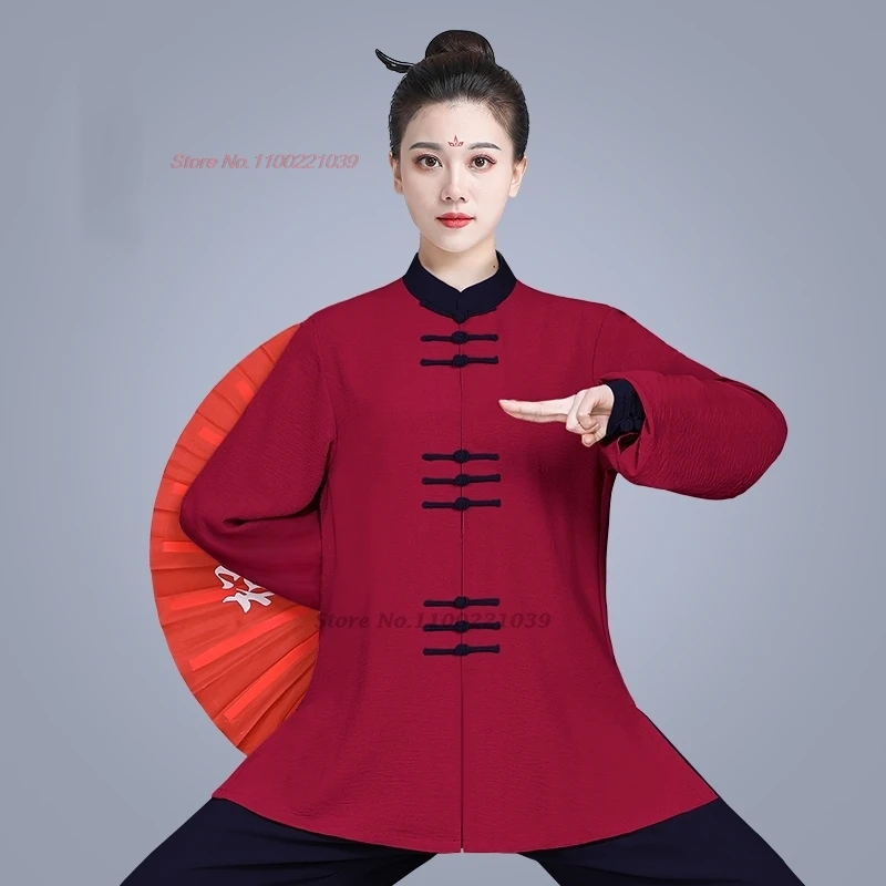 Conjunto de entrenamiento tradicional de tai chi kungfu, tops vintage y pantalones para artes marciales, ropa de actuación en escenario para práctica de wushu, 2024