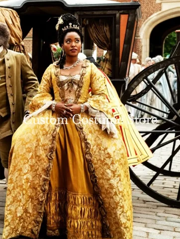 Gold Bridgerton Victorian Evening Dresses Long Sleeve Corset Lace-up Long Sleeve Queen Charlotte Prom Costume Gown Customized