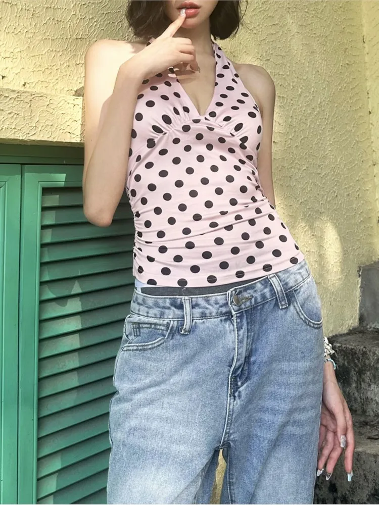 

Women's Clothing Sexy Fashion Polka Dot Halter Vest Contrast Backless Leace-up Tops All-match Off Shoulder Bodycon simple Style