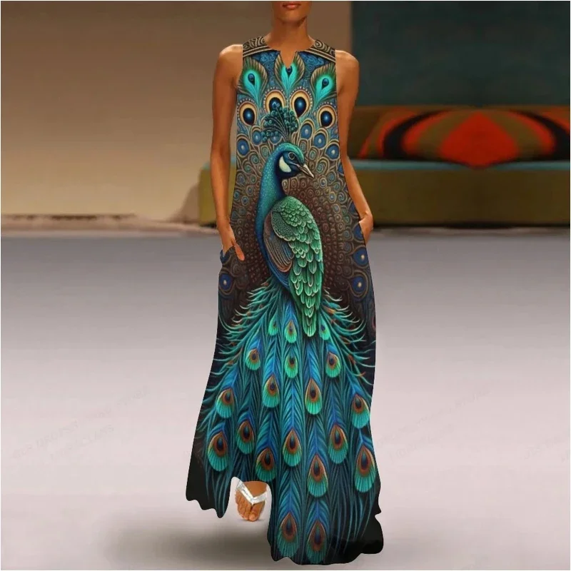 Women's Fashion Long Dress Cute Elegant Peacock Owl Animal patterns Print Dress Spring Summer Casual Loose Sleeveless Tank Dress