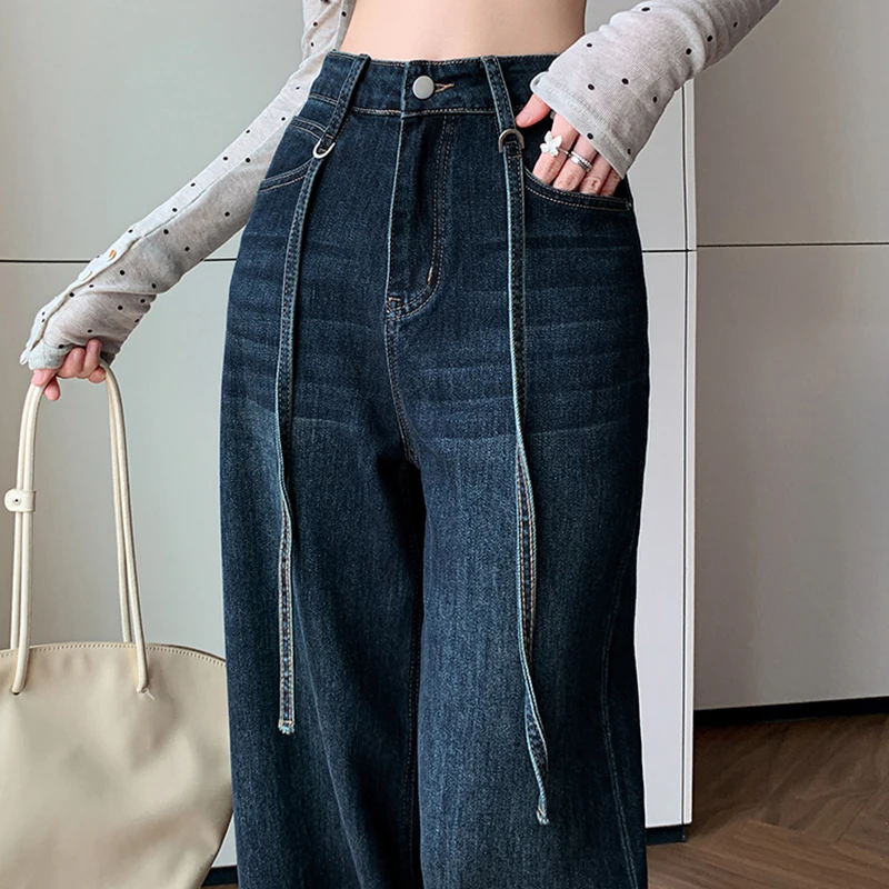 High Waist Wide Leg Stretch Jeans Women Autumn Winter Blue Drawstring Lace-up Denim Pants Female 2025 New Vintage Trousers
