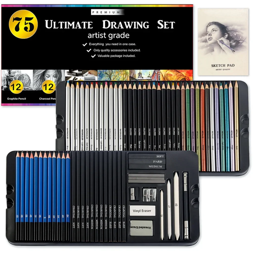 75Pcs/Set Sketch Pencil Drawing Art Tool Kit Artist Colored Coloring Pencil Graphite Charcoal Sketch Pencil Set Art Supplies