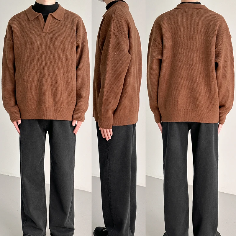 Herbst Winter Koreanischen Stil männer Revers Polo Shirts Pullover Pullover Vintage Lose Innere Layered V-ausschnitt Strickwaren Pullover Jumper – Detail 2