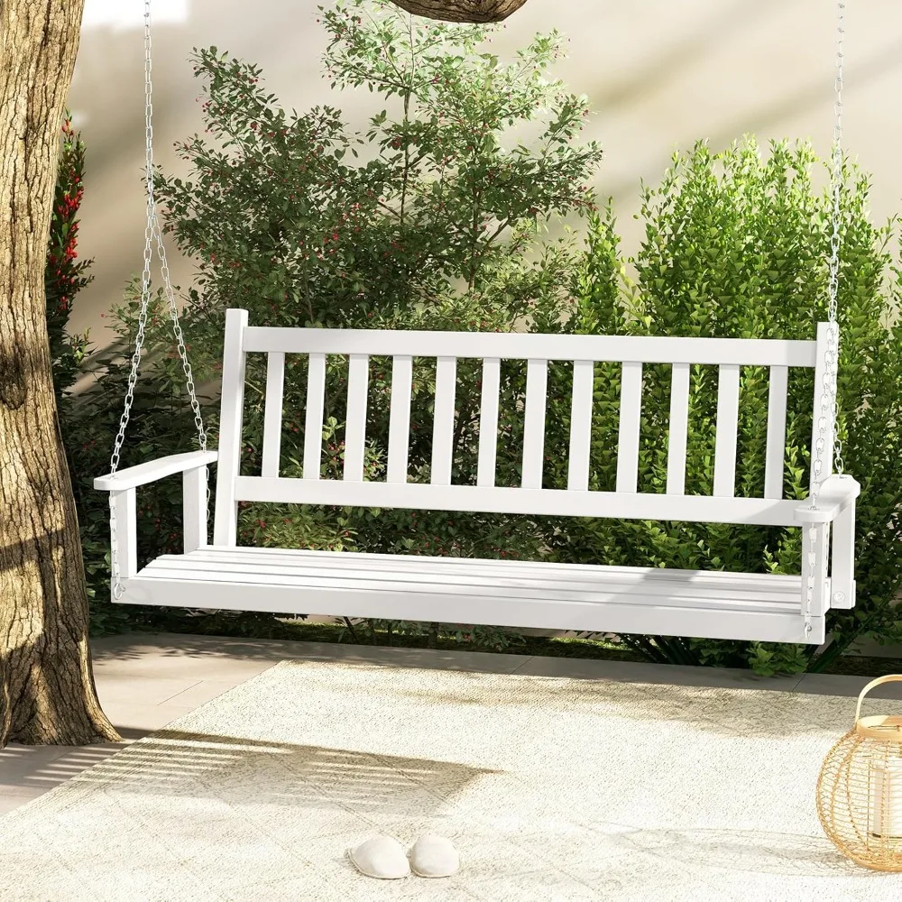 

3 Person Wooden Porch Swing, Hanging Patio Swing with 2 Adjustable Galvanized Metal Chains, Back and Seating with Slats