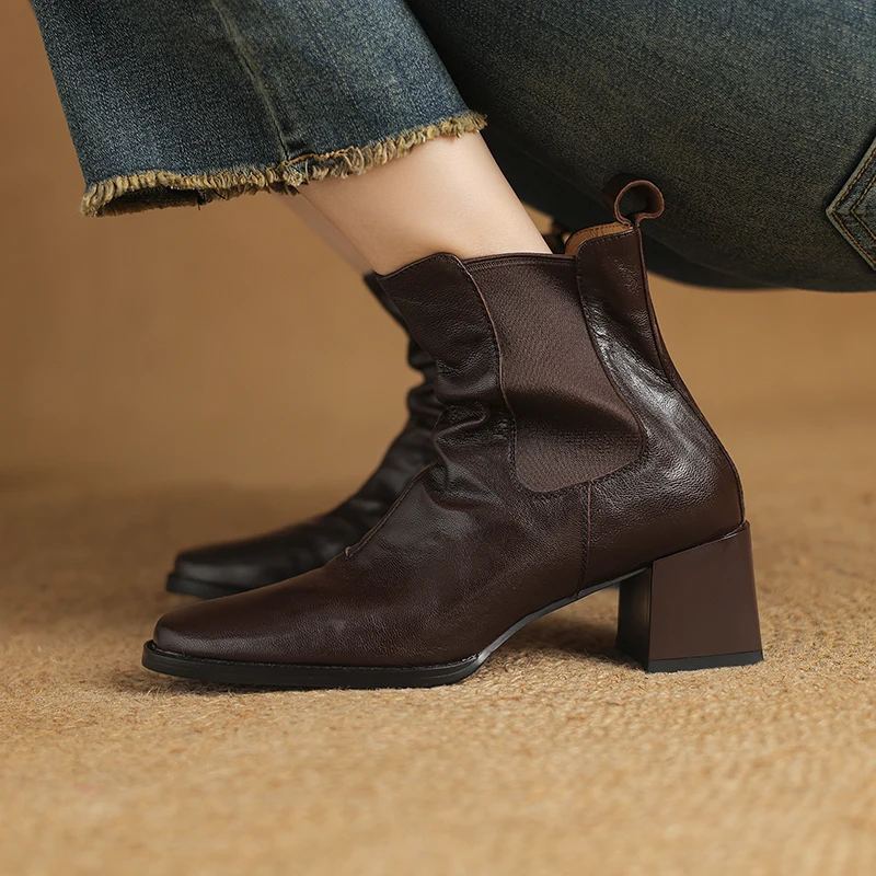 Autumn Women Boots Square Toe Chunky Heel Boots Genuine Leather Shoes for Women Modern Black Ankle Boots Казаки Женские Обувь