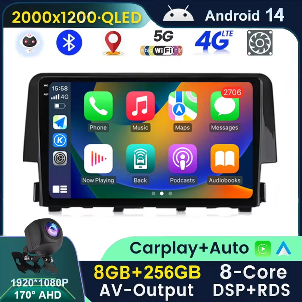 

9" QLED Player Android 14 Stero Audio For Honda Civic 2016 2017 Car Radio Multimedia Video AutoRadio GPS Navigation Head Unit