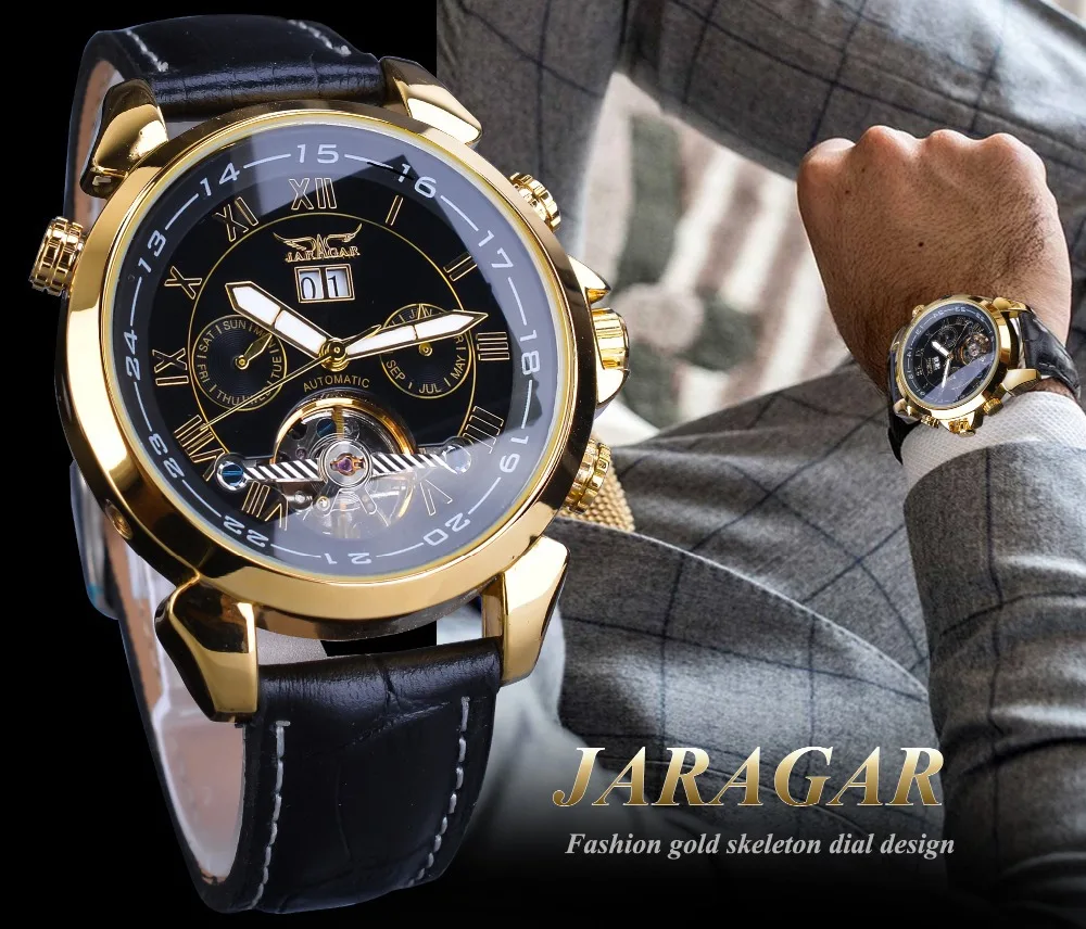 Fashion jaragar Top Marke Casual Herren ausgehöhlt Tourbillon Kalender multifunktion ale automatische mechanische Leder uhren