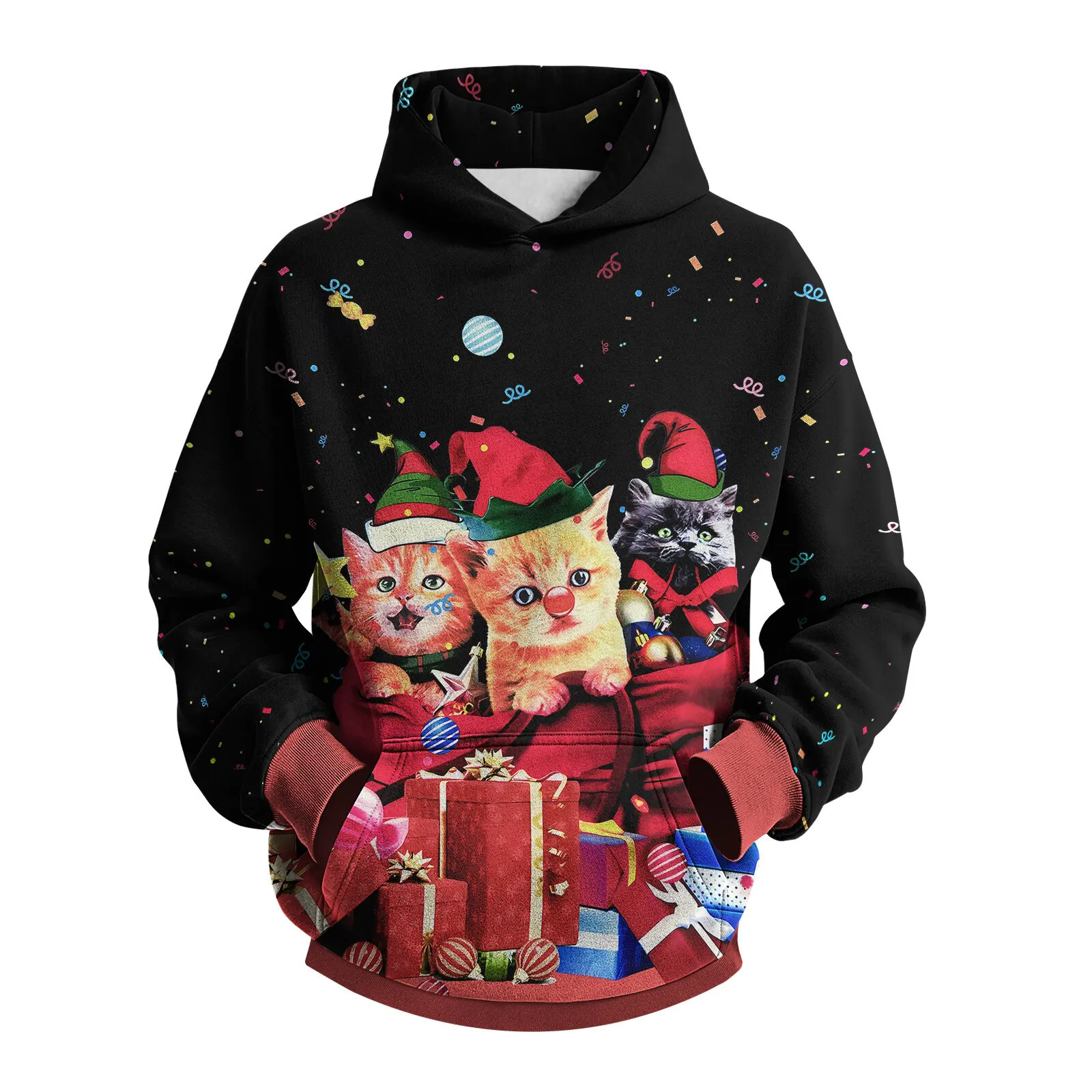 เสื้อฮู้ดพิมพ์ลายแมวคริสต์มาส 3 มิติ สไตล์ตลกๆ สำหรับผู้หญิงและผู้ชาย เสื้อสเวตเชิ้ตมีฮู้ด สตรีทแวร์ ทรงโอเวอร์ไซส์ เสื้อฮู้ดแบบสวมหัว เสื้อผ้าผู้หญิง