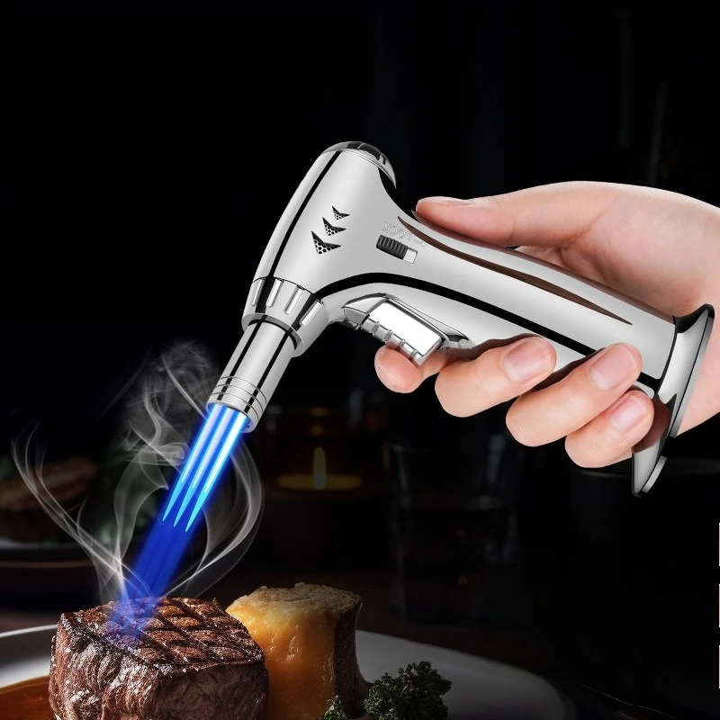 Creative Metal Direct Charge Three Fire Blue Flame Spray Gun Lighter Windproof Cigar Barbecue Outdoor Cigarette Lighter