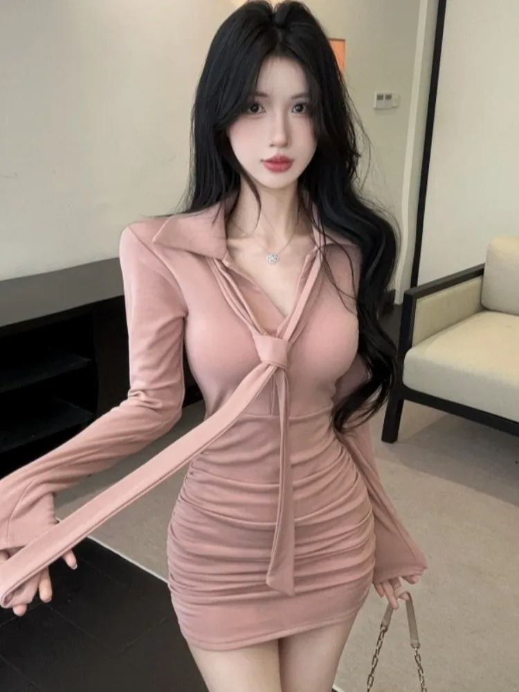 

Pure Desire Sexy V-neck Sash Pleated Design Women's Dress Thickened High Waist Short Skirt Korean Style Commute Winter Long S...