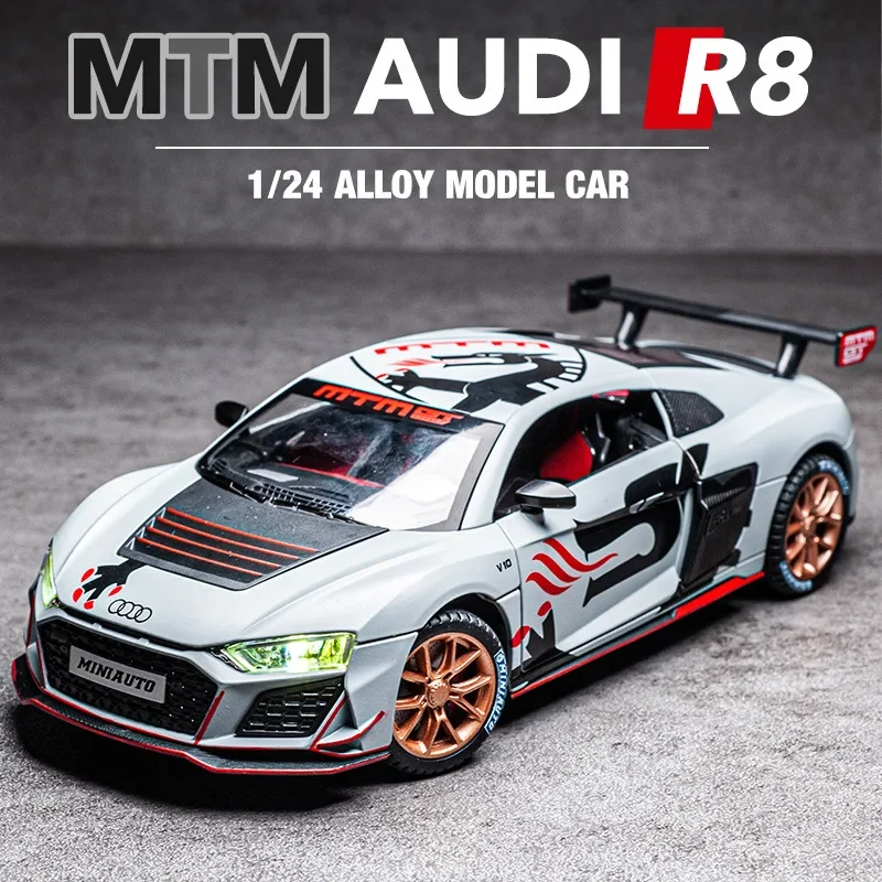 1:24 AUDI R8 IRON GTR Sport Car Model Toy Alloy Diecasts Metal Simulation Vehicles Sound Light Model Car For Kids Boy Gift Toy