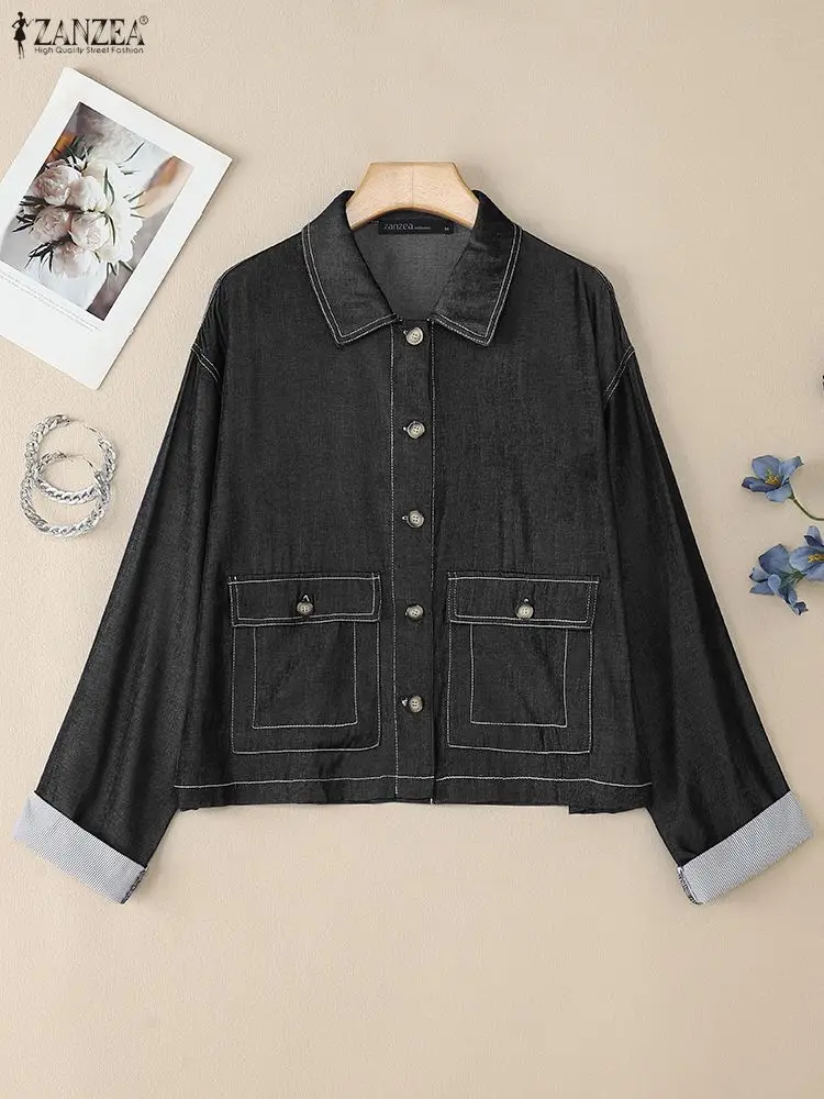 

2025 ZANZEA Women Jackets Autumn Denim Blue Coats Lapel Neck Long Sleeve Buttons Coats Casual Patchwork Work Outwears Oversize