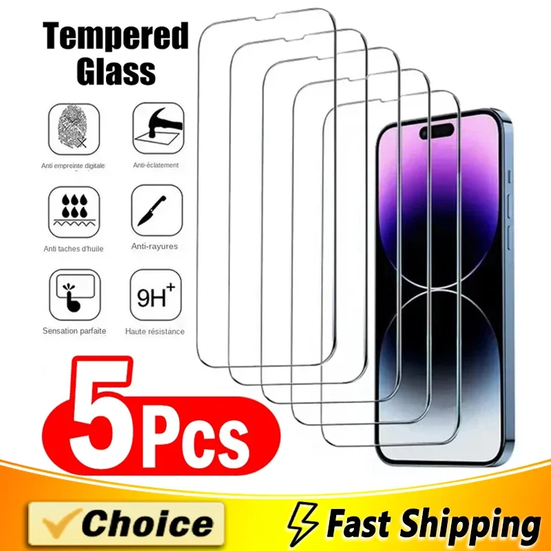 5 Stück gehärtetes Glas für iPhone 15 14 13 12 11 Pro Max Displayschutzfolie für iPhone 12Mini 13Mini 7 8 Plus SE X XS XR 14Pro Glas