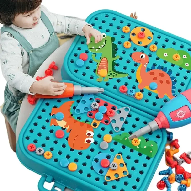 Crianças brinquedos conjunto de ferramentas broca elétrica parafuso porca bloco construção 3d puzzle brinquedos fingir jogar dinossauro perfuração montagem educacional