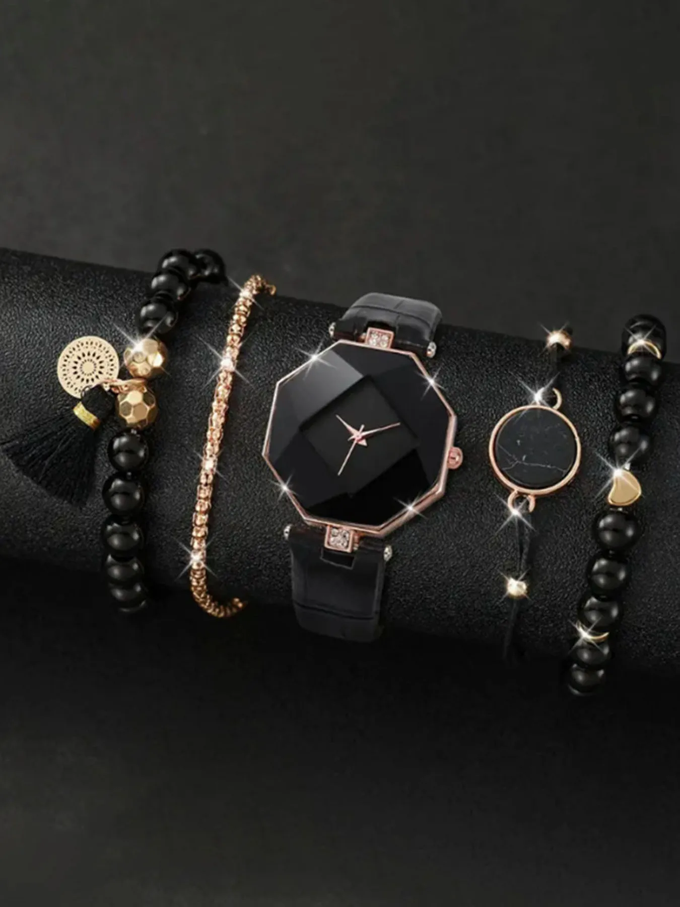 5-piece Fashion Women's White Geometric Quartz Watch Beaded Tassel Bracelet Fashion Jewelry Gift Set