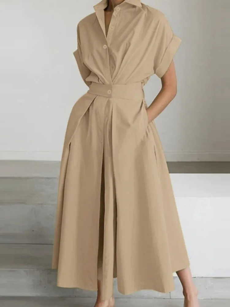 2026 New Fashion Solid Long Dress Short Sleeve Loose Elegant Summer Dress Buttons A-line Party Women's Slim Waist Dress