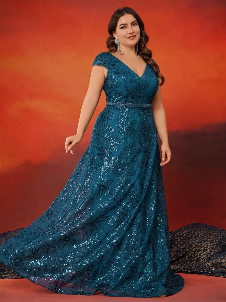 

Plus Size Elegant Sequins V-back Evening Dresses Women Luxury Long A-line Formal Prom Wedding Party Cocktail Gowns