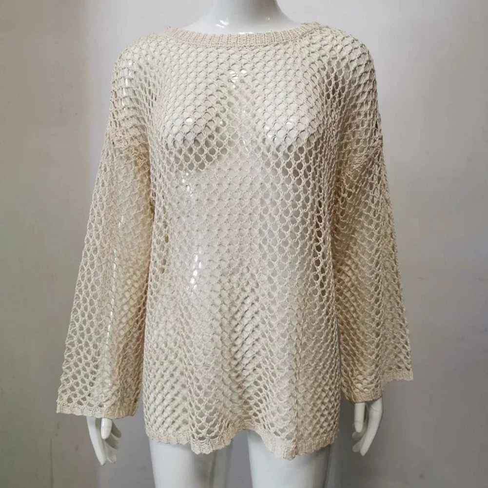 Sweater Top O-Neck Oversized Polyester Regular Streetwear Summer Women Cover Up Crochet Fishnet Beach Daily Holiday