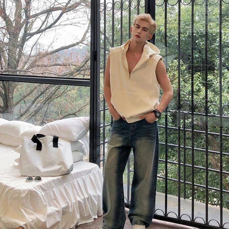 تي شيرت رجالي بقلنسوة XXL Streetwear بدون أكمام تي شيرت صيفي كاجوال خفيف الوزن بسحاب