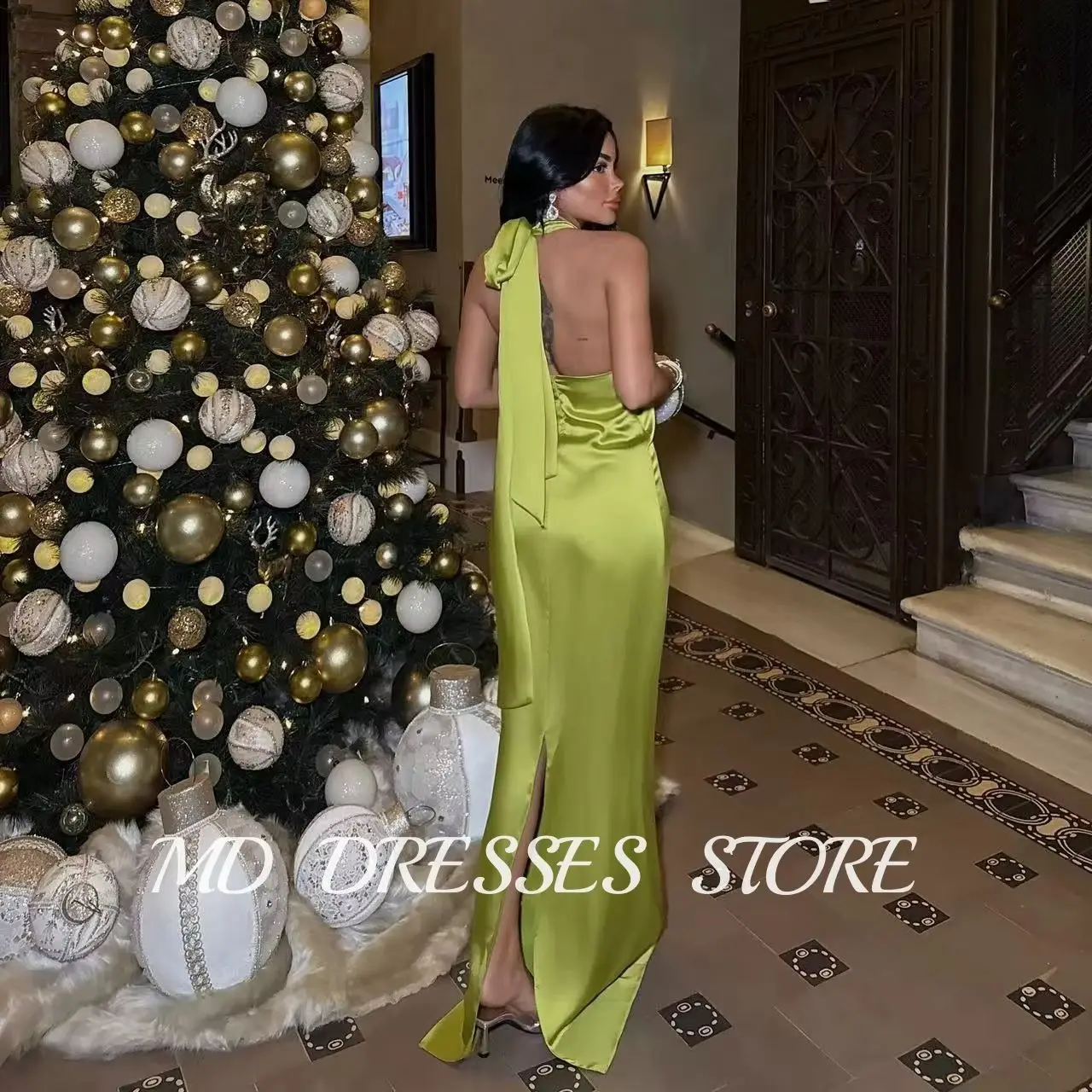 

MD Modern Green Mermaid Evening Gown High Neck Silk Pleat Backless Prom Down Dubai Arabic Women Formal Dress customised 2025
