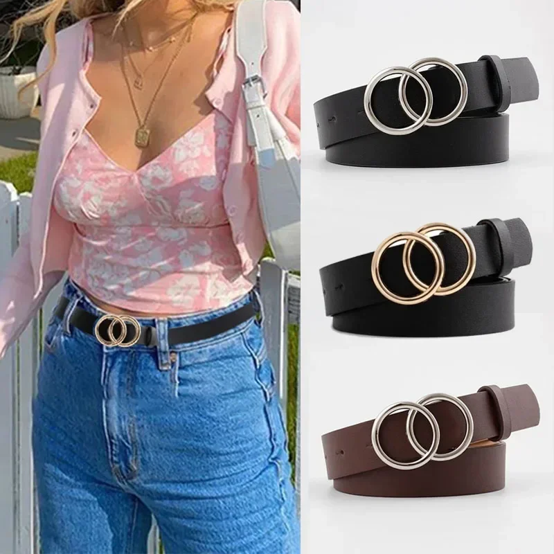 Silver Gold Double Ring Belts for Jeans Women Girls Fashion Waist Belt PU Metal Buckle Belt Leisure Dress Jeans Wild Waistband