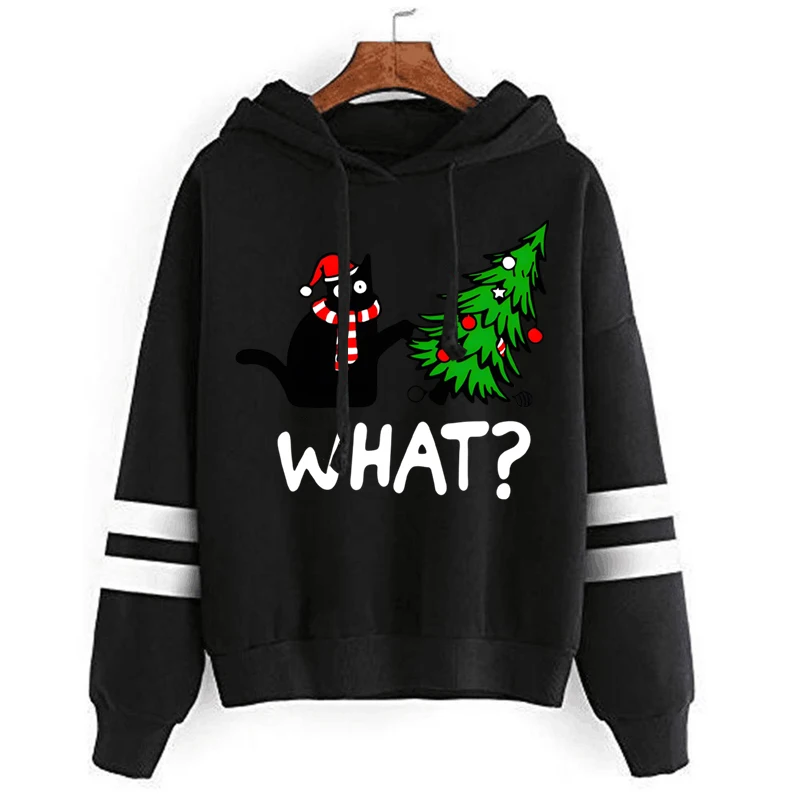 Women's New Fashion Hoodie Autumn Winter Sportwear Black Cat What Printed Oversized Sweatshirts Women's Blouse Y2k Style Hoodie