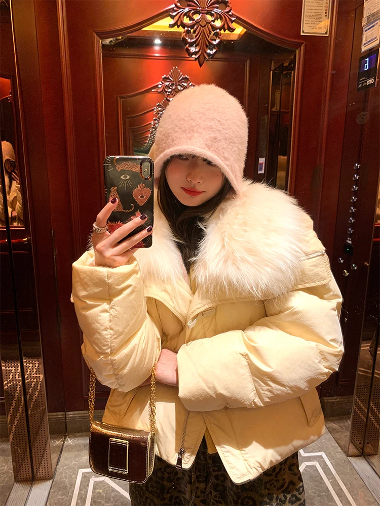 연노랑 여성용 숏 패딩 2024 신상 따뜻하고 포근한 한국 스타일 출퇴근 나일론 화이트 덕다운 충전재