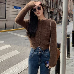 Soft Fluffy Cardigan Sweater Women's 2024 Winter Korean Fashion Crew Neck Short Knitted Sweater Tops Cropped Sweater Y2k