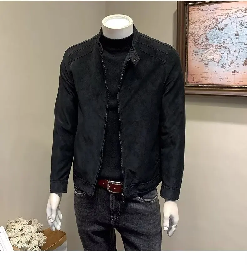 Spring Autumn New Fashion Men Solid Color Black Brown Stand Collar Long Sleeve Zipper Casual Daily Simple Faux Leather Coats
