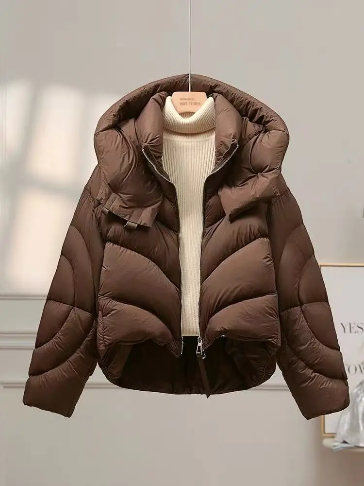 2026年 ハイエンド 90% ホワイトダックダウンジャケット スタイリッシュで多用途なフード付きジャケット 新作ショートダウンコート レディース ルーズフィットパーカー