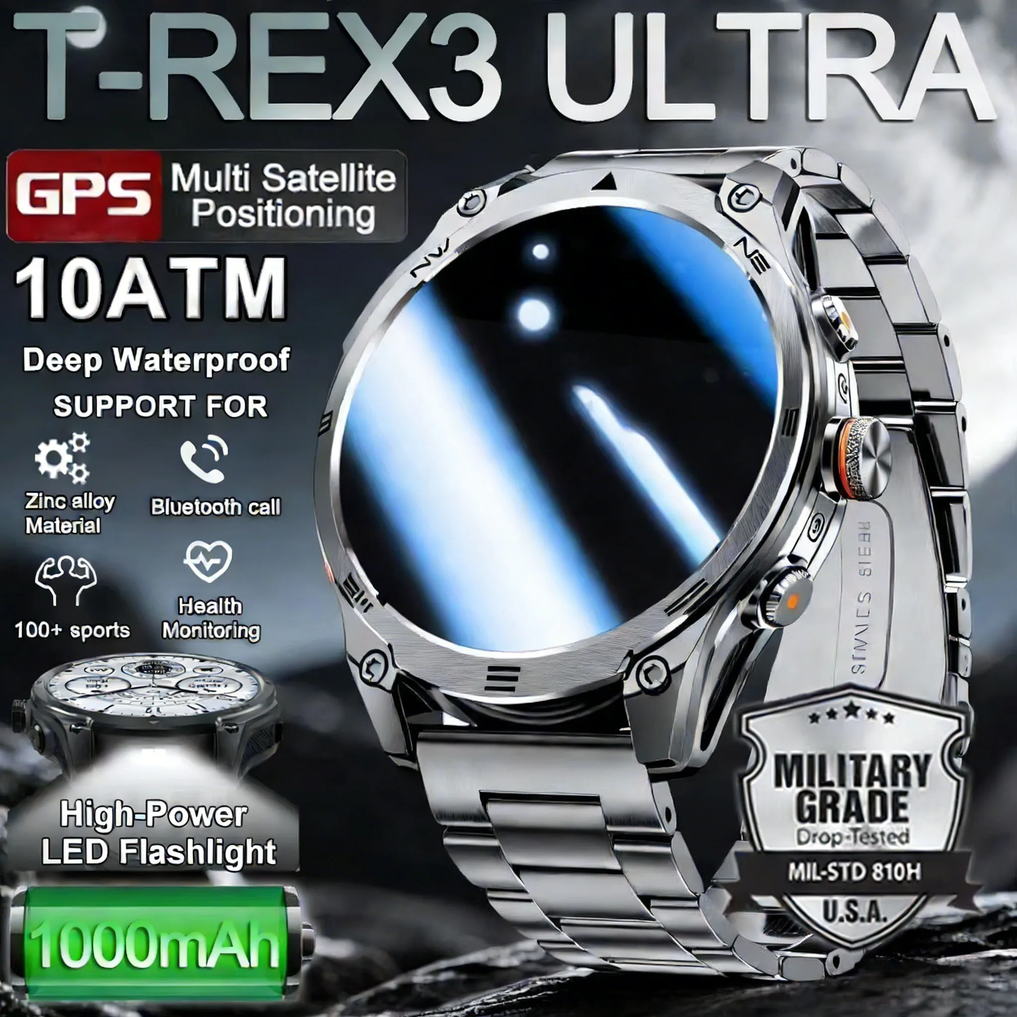 

Новые умные часы в стиле милитари с аккумулятором 1000 мАч, GPS-трекером, компасом, водонепроницаемостью 10ATM, тактическим фонариком, функцией звонков по Bluetooth, для мужчин