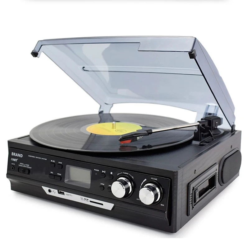 ビニールリップレコードプレーヤー,スピーカー内蔵,グラムテーブル,FMラジオ,カセット,USB, SD, Bluetooth, 3スピード