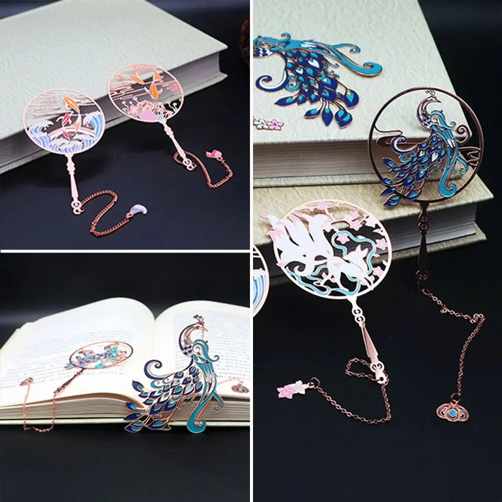 Chinese Style School Office Supplies Metal Koi Pendant Tassel Book Clip Brass Bookmark Group Fan Shape Pagination Mark