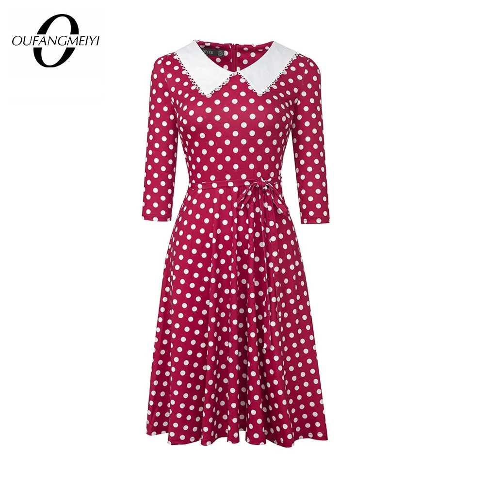 

Spring Women Retro Polka Dots Print Dresses Casual Party Elegant Swing Flare Dress EA321