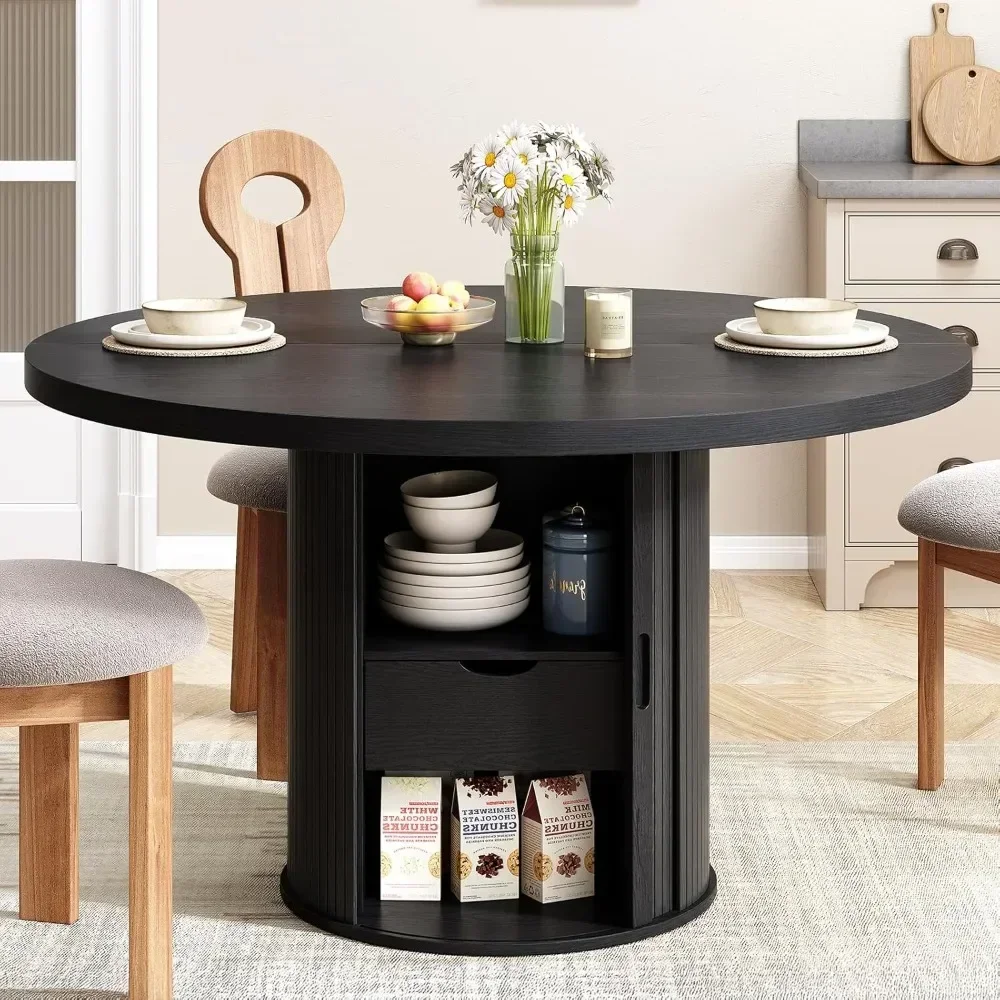 47 inch round dining table for 4, circle kitchen table with 2-layer storage shelf and a drawer, modern farmhouse dinner tables w