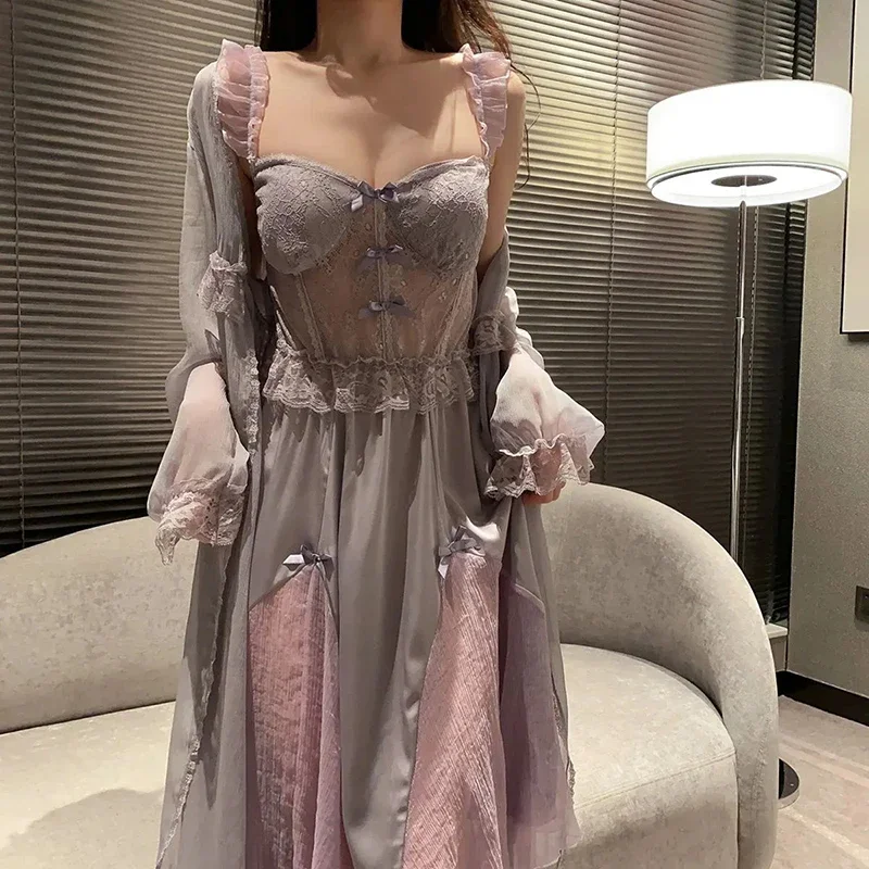 Womens Nightgown Sleepwear Long Split Mesh Perspective Home Clothes Hot Lace Nightdress Sexy Lingerie Dress Robe Underwear