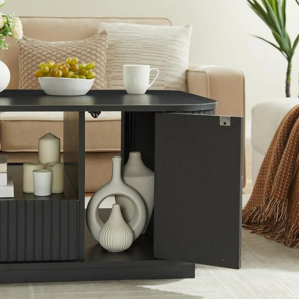 طاولة قهوة بيضاوية حديثة مع مساحة تخزين لغرفة المعيشة - تصميم مخدد، درجين، رف مفتوح ومقصصورتين #6