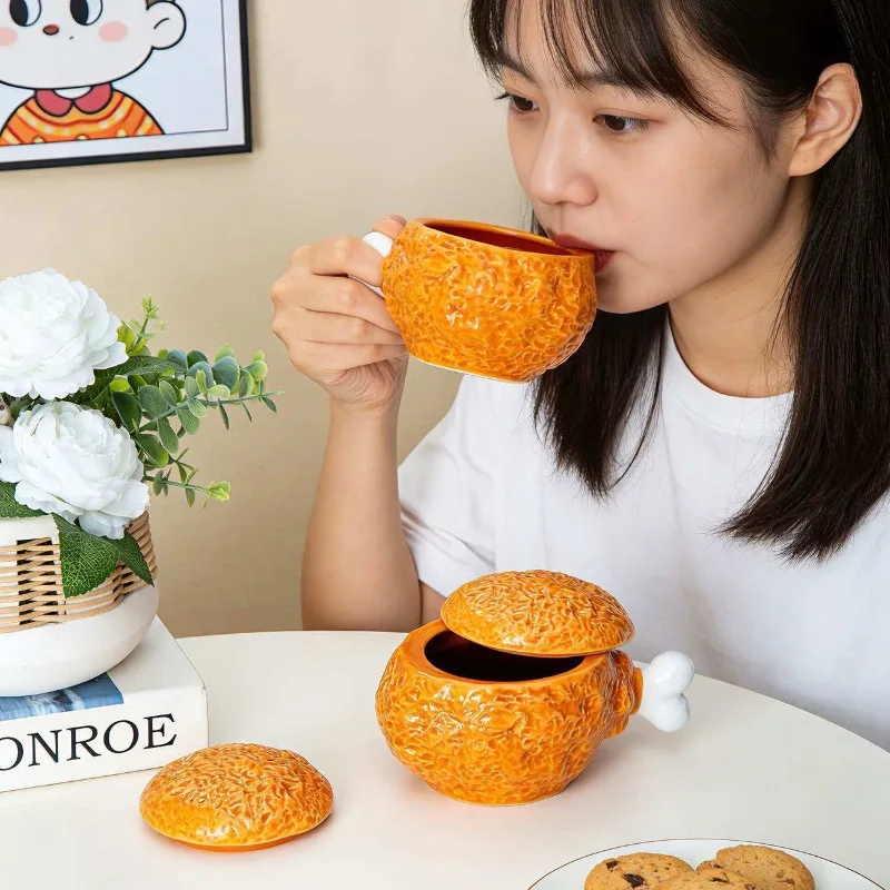 Nordic Ceramic Chicken Thigh Shape Mug Ornaments Living Room Kitchen Office with Lid Water Cup Coffee Cup Crafts Birthday Gifts