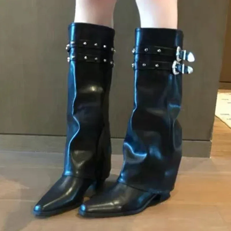 Women's Shoes 2023 High Quality Slip on Women's Boots Winter Pointed Toe Solid Turned-over Edge Mid-Calf Mid Heel High Boots