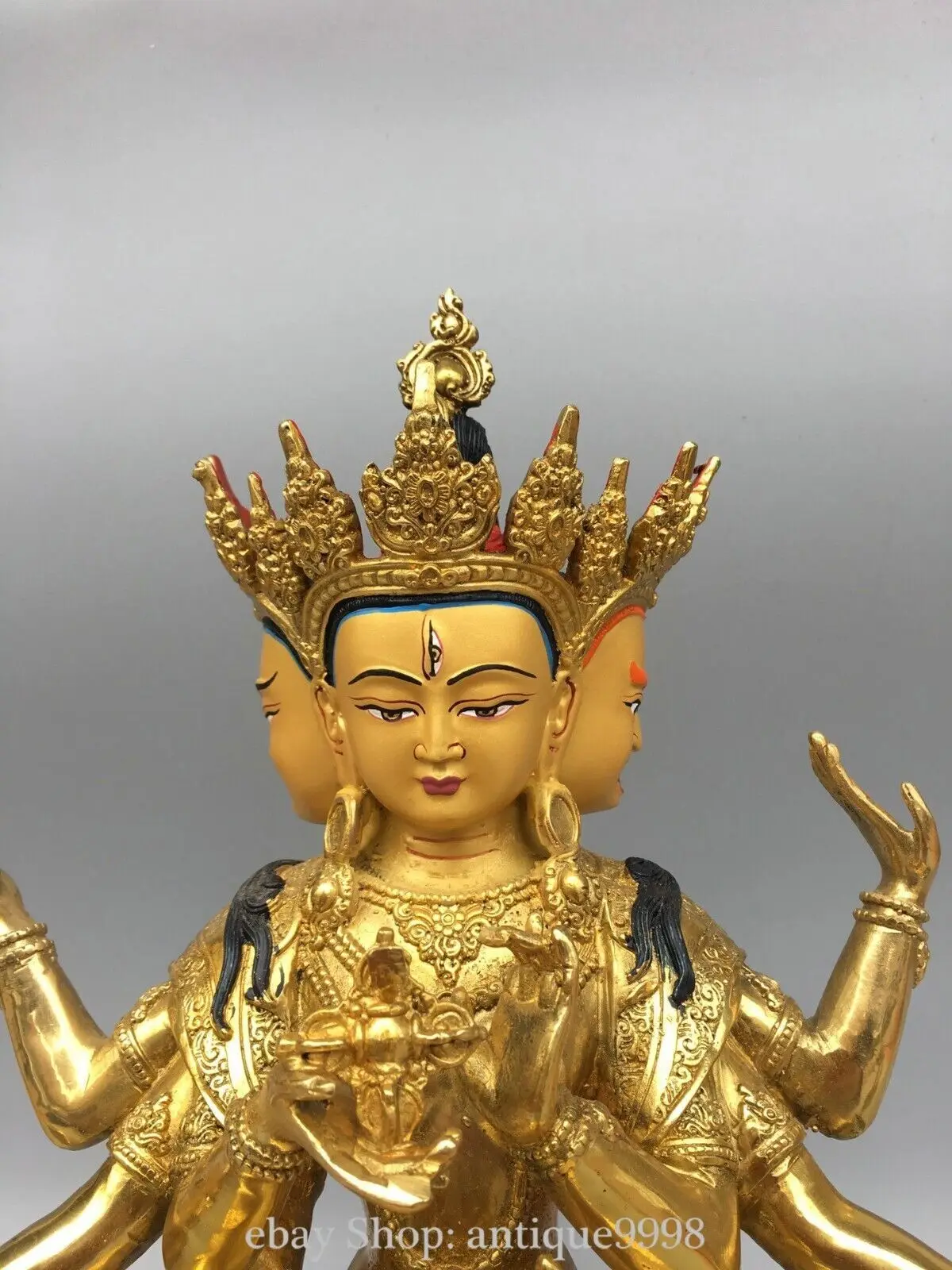 12'' Old Nepal Bronze Gold Painting 3 Head 8 Arms Namgyalma Fa Qi Buddha Statue