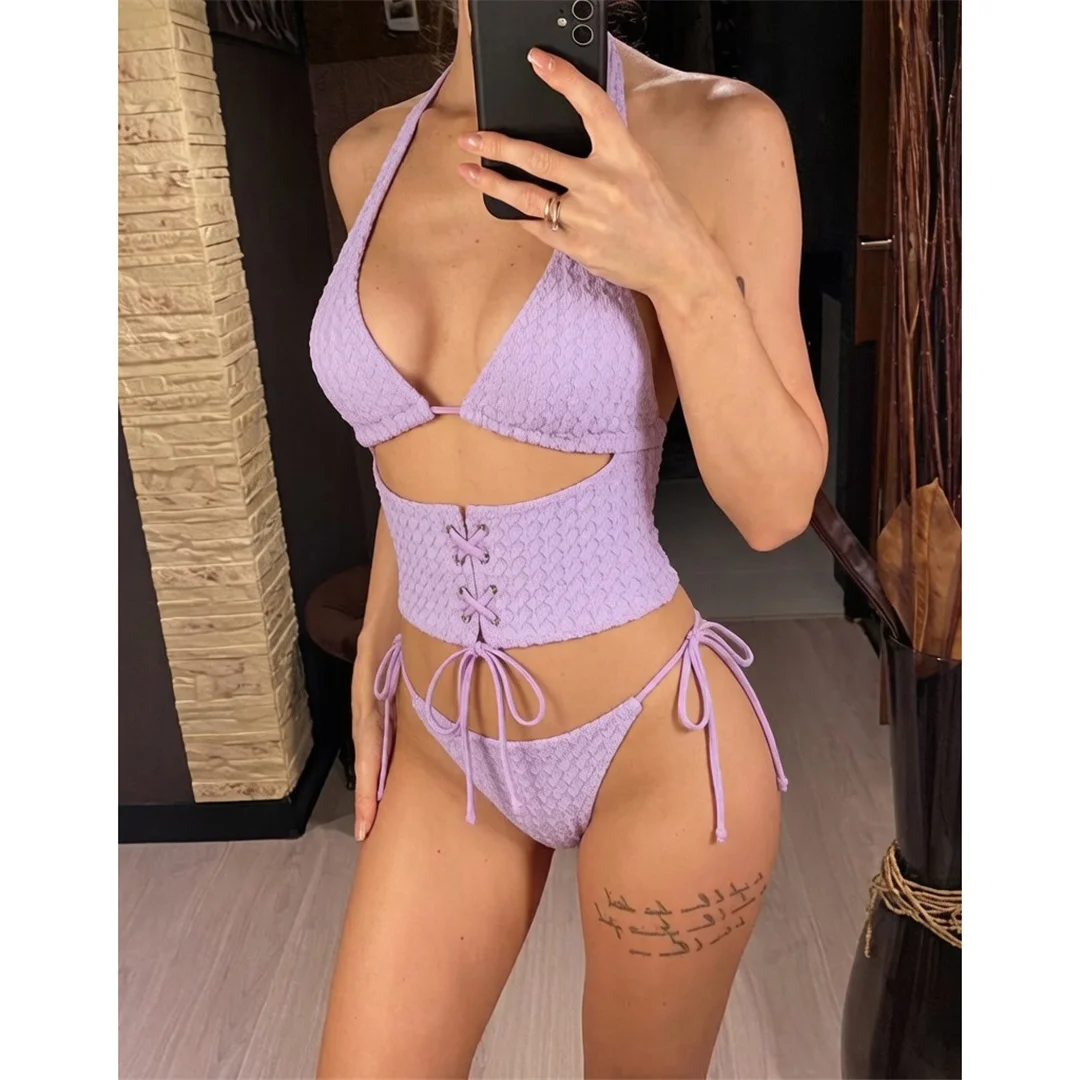 Tankini mit Schnürung, Neckholder-Bikini, Damen-Badeanzug, zweiteiliges Bikini-Set, Badeanzug mit hohem Beinausschnitt, Badebekleidung, Schwimmanzug V8340 – Detail 2