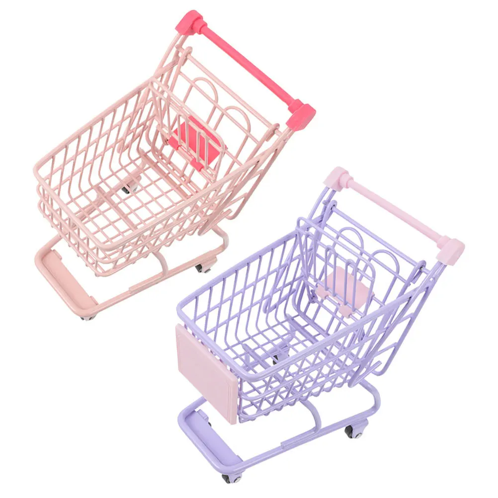 2 stks Mini Winkelen Voor Kinderen Fantasiespel Kruidenier Winkelwagen Desktop Organizer Kleine Supermarkt Trolley Decor Metalen Simulatie